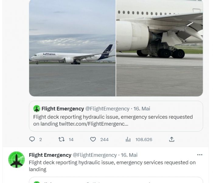 Notfallmeldung: Landeanflug in Montreal für Lufthansa-Flug LH474 mit Airbus A350-900. (Foto: Twitter. Redaktion)